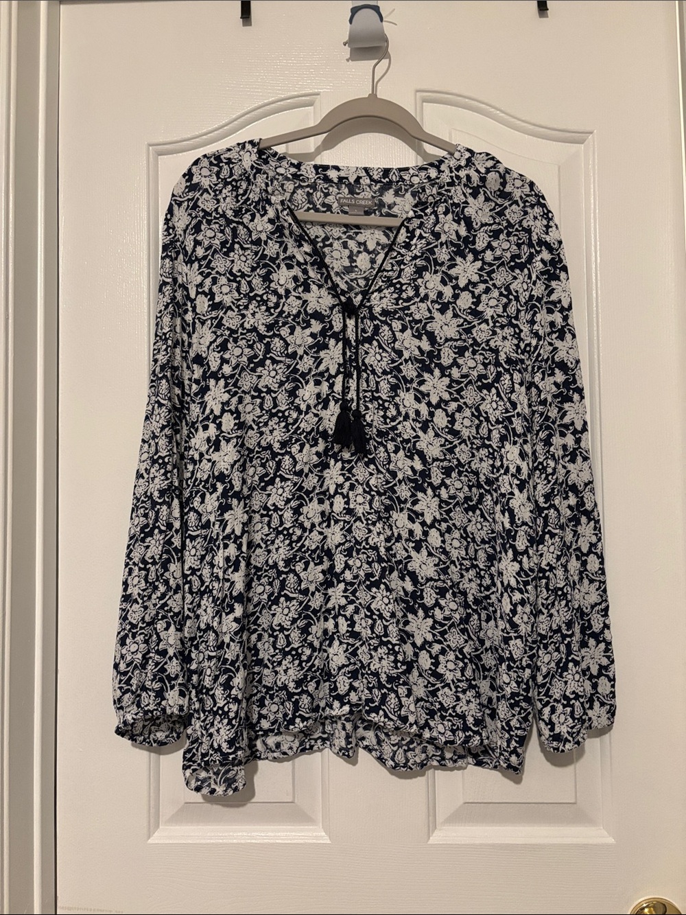 Falls Creek Navy and White Floral Tie-Front Peasant Blouse